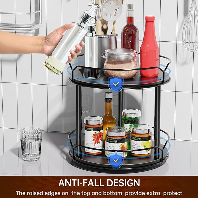 Lazy Susan Organizer 2 Tier - 9.2" Turntable Spice Rack for Table Top, Wooden Rotating Lazy Susan for Cabinet Pantry Kitchen Countertop Dining Table Cupboard Bathroom Vanity Storage(Black)