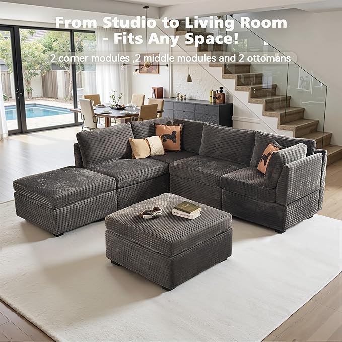 Modular Sectional Sofa, 130.7 Inch U Shaped Couch Set for Living Room, 4-Seater Comfy Cloud Couches with Two Movable Ottoman, Plush Corduroy, Gray