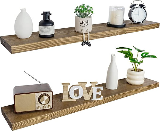 BGMG Floating Shelves for 48 inch Long Set of 2,Wide Rustic Wooden Wall Shelves for Bathroom Living Room Bedroom Kitchen Farmhouse-48x6.7x1.25 inch- Walnut