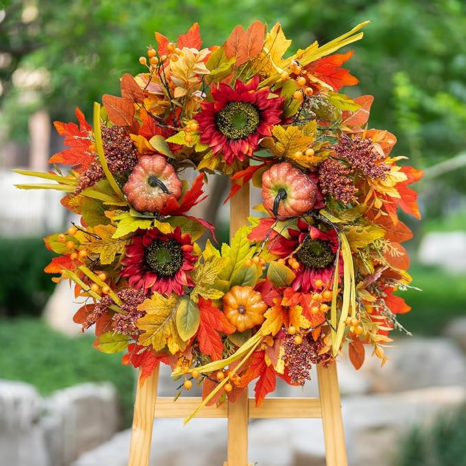 Fall Wreaths for Front Door 24 Inch- Full&Realistic Autumn Maple Leaves Wreath,Large Fall Door Wreath with Sunflower,Pumpkin,Berries for Thanksgiving Harvest Festival Decorations