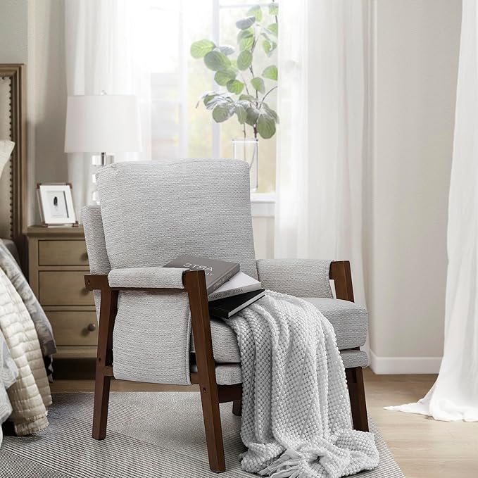 Modern Accent Chair for Living Room Mid Century Arm Chair Upholstered Bedroom Chair Comfy Lounge Chair with Solid Wood Frame, White