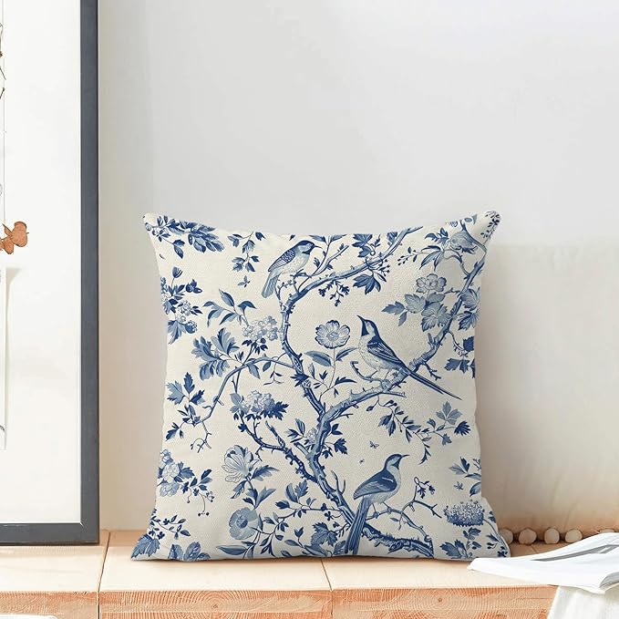 CXMEIFLY Spring Floral Pillow Covers 18 x 18 Inch Set of 2 for Navy Blue Chinoiserie Flowers Bird Decor Throw Pillows Vintage Plant Outdoor Decorative Cushion Cases for Couch Bed Decorations