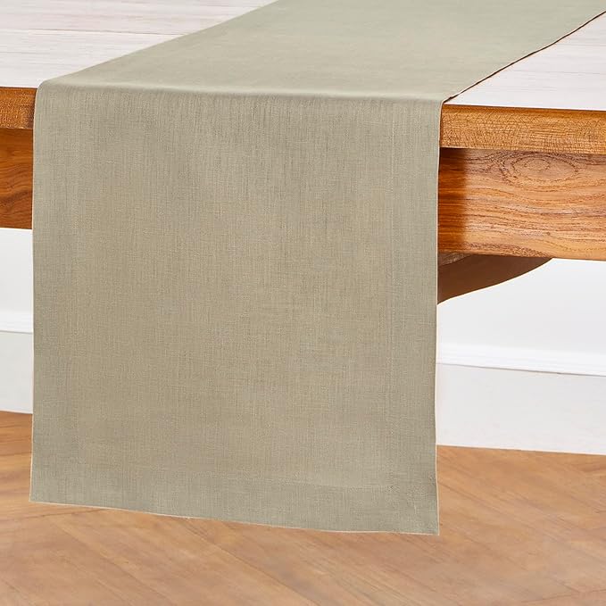 Solino Home Linen Table Runner 60 Inches - 100% Pure Linen Vintage Khaki Table Runner 14 x 60 Inch Ideal for Dresser and Coffee Tables - Fall, Autumn, Thanksgiving - Fete