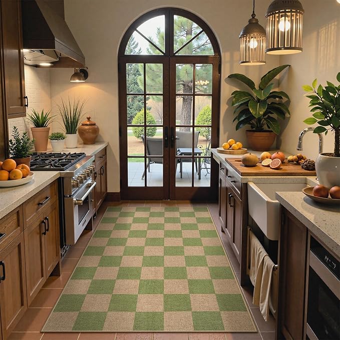 Lahome Checkered 3x5 Washable Rug, Green Easy Jute Rug for Entryway Living Room, Modern Non Slip Non Shedding Indoor Outdoor Carpet for Porch Deck Kitchen