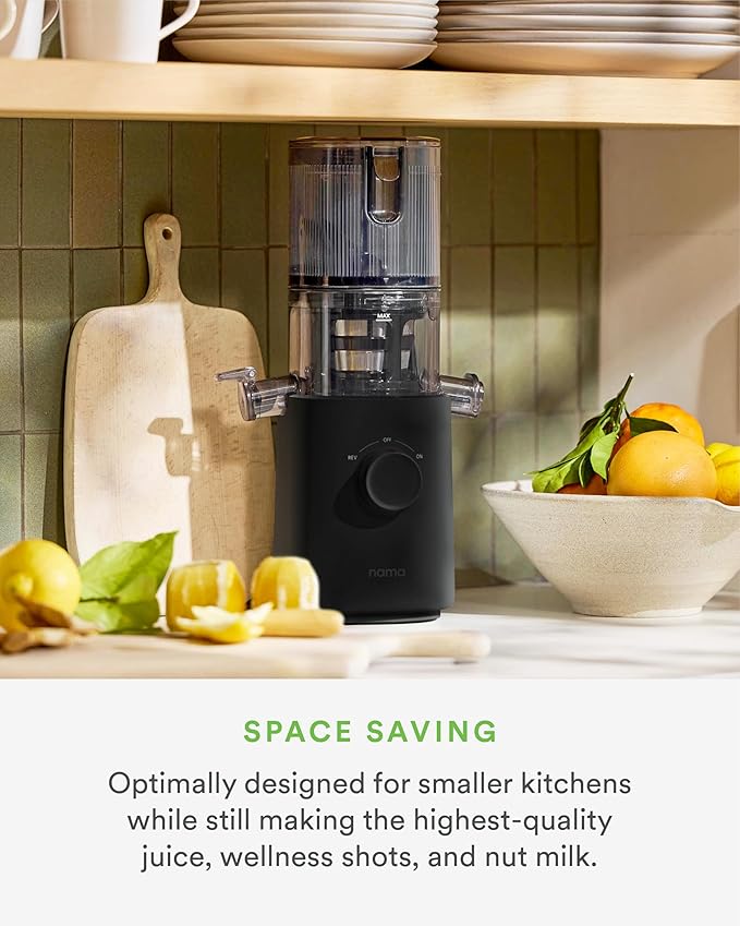 Nama J3 Compact Cold Press Juicer – Space Saving & Self Feeding for Hands-Free Operation – Lightweight, Portable Zero Waste Slow Masticating Juicer – Easy Cleanup & Assembly - Black