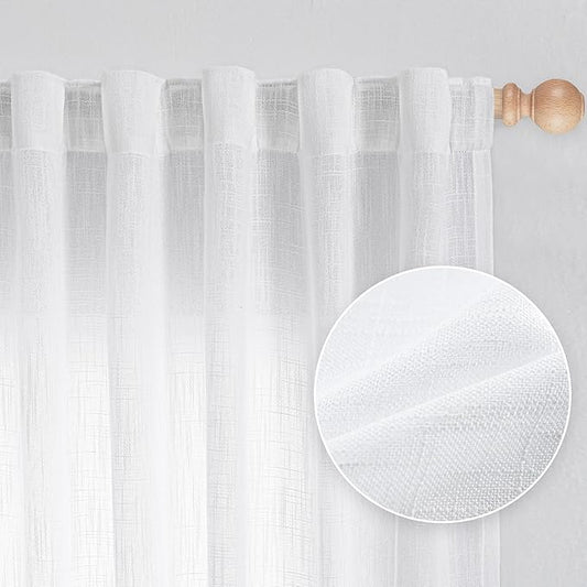 MYSKY HOME Floor to Ceiling Curtains 108 Inches White Sheer Window Drapes 2 Panel Sets Back Tab Draperies Linen Look Boho Fabric, Soft Cotton Blend Light Filtering for Living Room
