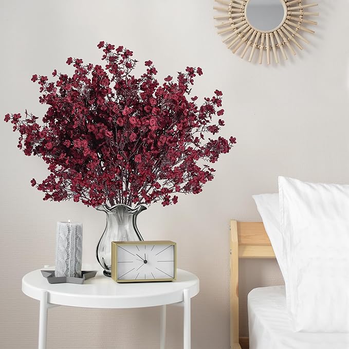 Sggvecsy 15 Pcs Babys Breath Artificial Flowers Gypsophila Bouquets Bulk Real Touch Fake Silk Flowers for Home DIY Floral Arrangement Table Centerpiece Fall Thanksgiving Autumn Decoration (Burgundy)