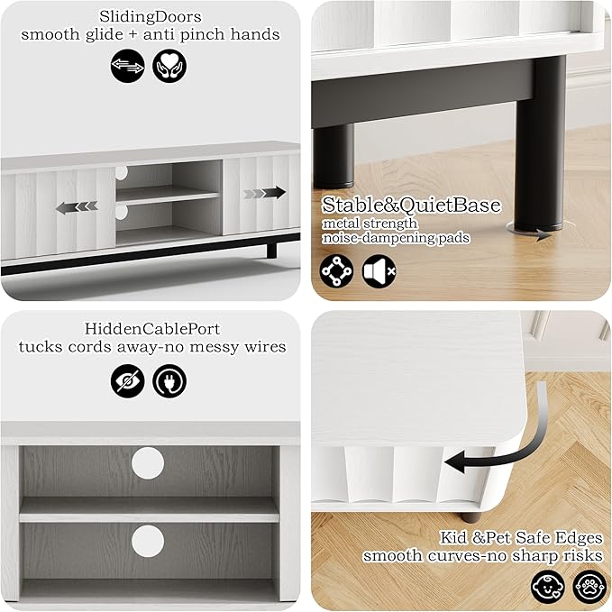 White Mid Century Modern TV Stand, Wood Fluted Living Room TV Stands with Storage Sliding Doors, Desert-Inspired Design MCM Entertainment Center for 55 60 65 70 75 55+ 60+ 65+ 70+ Inch