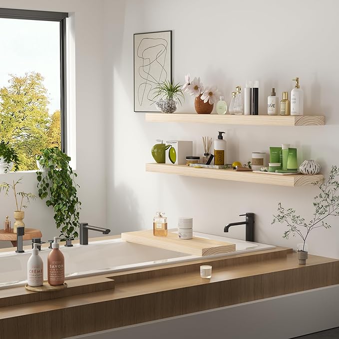 Light Wood Floating Shelves 48 Inch, 8 in Deep Single Book Shelf Floating for Wall Mounted, Heavy Duty Shelf Hold 100 lbs, Unfinished Wall Shelves for Bathroom, Living Room, Kitchen, Bedroom, Office