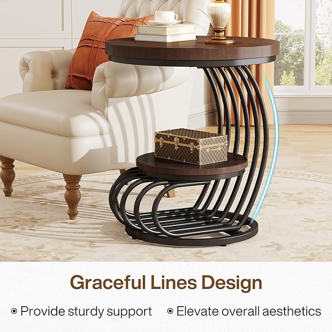 Tribesigns Round End Side Table: Side Table with 2 Tiers Storage Shelves, Vintage End Table for Living Room, Small Bedside Table Accent Table with Arc-Shaped Frame, Rustic Brown