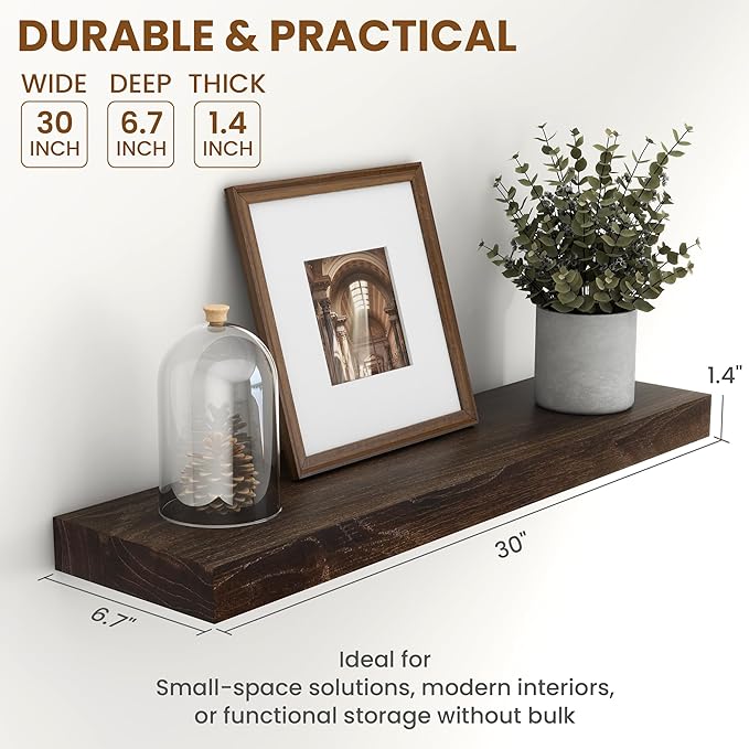 Rustic 30" Floating Shelves, Real Elm Wood Floating Shelf for Wall, Heavy-Duty Wall Shelves for Books, Wooden Floating Shelves with Invisible Bracket for Bathroom, Kitchen, Walnut Color, Set of 2