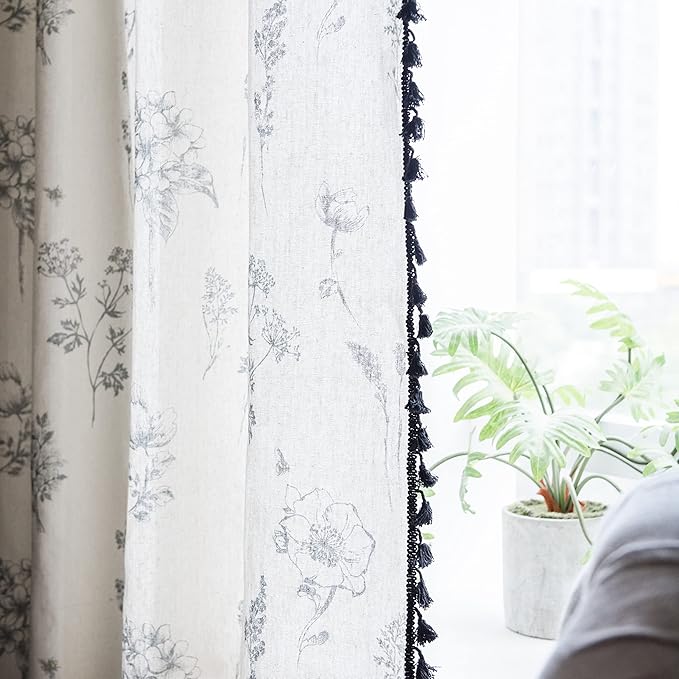 Sutuo Home Boho Curtain with Handmade Tassels, Rod Pocket Window Treatment Vintage Rustic Bohemian French Farmhouse Semi-Blackout Print Drape for Bedroom, 1 Panel 59" W x 84" L,Grey Floral