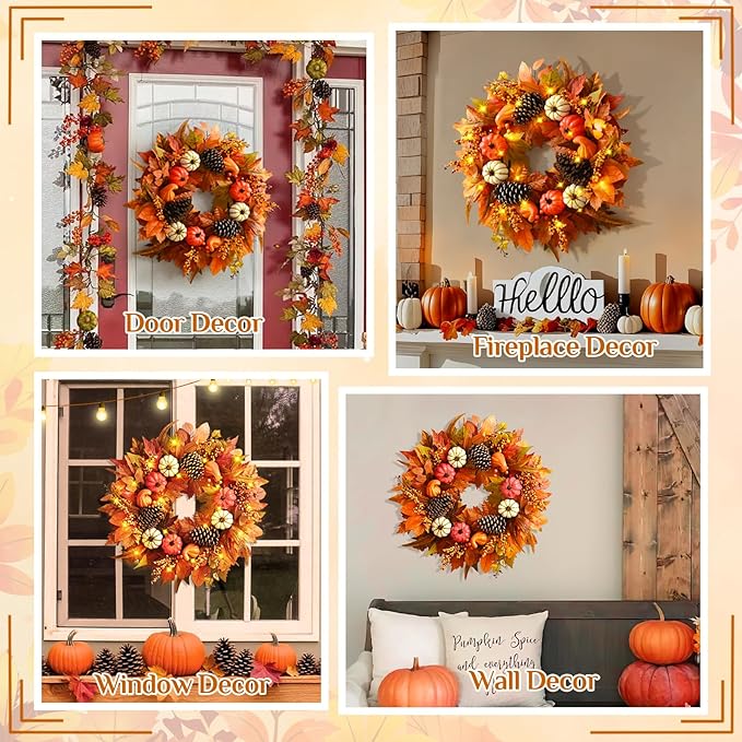 Fall Decor - Fall Wreaths for Front Door Outside, 20 Inch Fall Door Wreath, Handcrafted Autumn Wreath with Colorful Pumpkins Maple Leaves, Fall Decorations for Home Front Door Porch Thanksgiving Decor