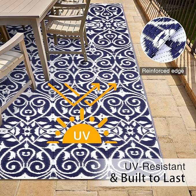 OLANLY Outdoor Rug Waterproof 5x8 ft Clearance, Reversible Outdoor Plastic Straw Rug with Floral Pattern, RV Mat for Patio, Camping, Balcony, Deck, Backyard, Navy & White