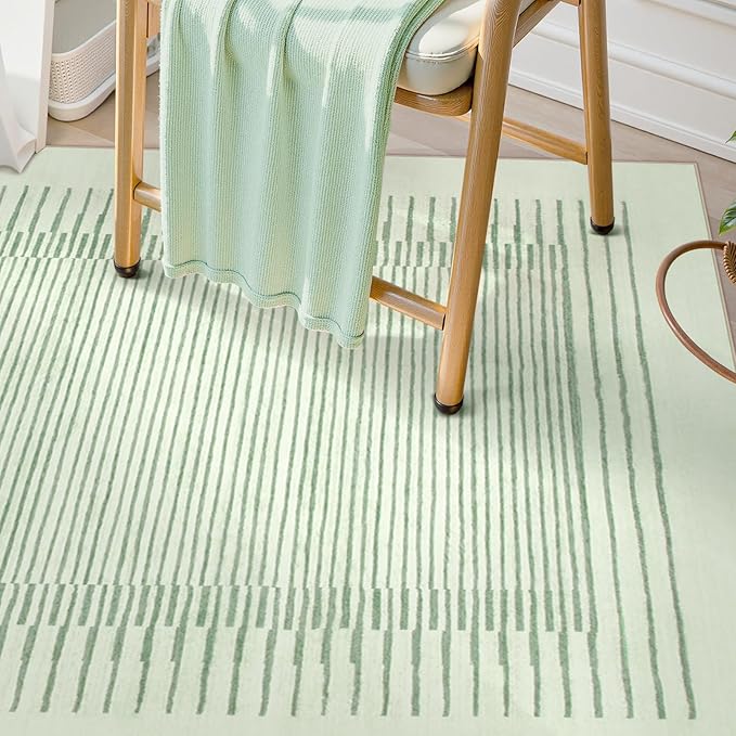 Wonnitar Striped Sage Green 9x12 Rugs for Living Room, Non-Slip Soft Sage Green Bedroom Rug, Low Pile Minimalist Floor Carpet for Nursery Playroom Department (Green,9' x 12')