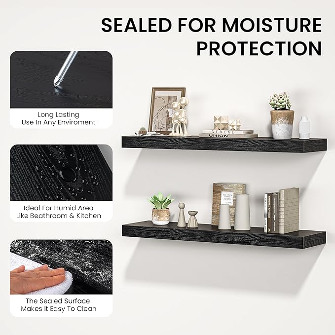 Floating Shelves for Wall, 36" W x 8" D x 1.5" H, Wooden Wall Mounted Display Shelves with Invisible Brackets for Living Room, Bedroom, Bathroom, Kitchen Decor and Storage, Set of 2, Black