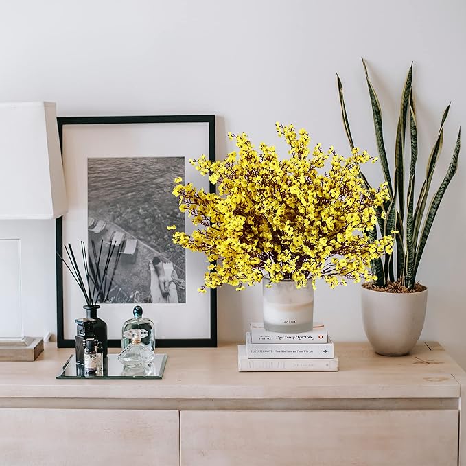 Sggvecsy 10 Pcs Babys Breath Artificial Flowers Gypsophila Bouquets Bulk Real Touch Fake Silk Flowers for Home Wedding DIY Floral Arrangement Kitchen Table Centerpiece Festival Decoration (Yellow)