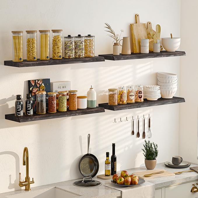 Floating Shelves for Wall, 32 Inch Floating Shelves Wall Mounted, Rustic Live Edge Elm Wood Floating Shelf for Home Decor, Heavy-Duty Storage Shelves for Books, Bathroom, Kitchen (Walnut, Set of 2)