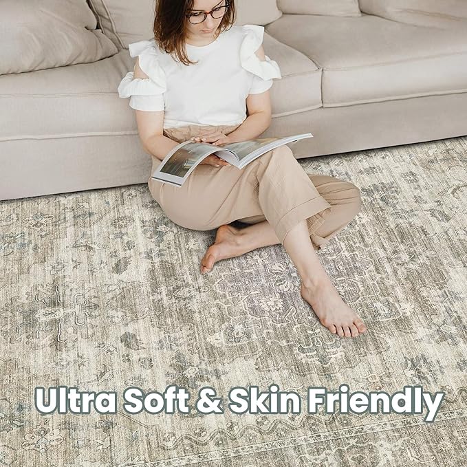 Washable Area Rugs for Living Room -8x10 Neutral Vintage Distressed Floral Farmhouse Boho Large Soft Floor Rug Indoor Non Slip Carpet for Living Room Bedroom Dining Room Office - Brown/Tan