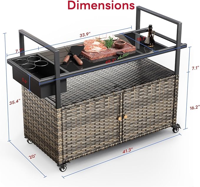 Outdoor Bar Cart with Storage Cabinet, Patio Bar Table with Tempered Glass Tabletop, Outdoor Serving Grill Cart with Rolling Wheels, Rattan Bar Cart for Patio, Backyard, Grey Wicker