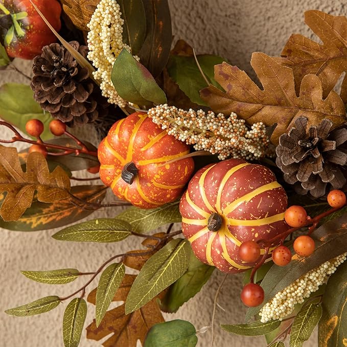 Glitzhome 24''D Fall Pumpkin Leaf Floral Wreath Decor, Artificial Harvest Door Wreath for Autumn or Thanksgiving Decoration