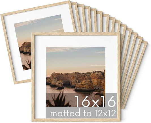 HAUS AND HUES Square Picture Frames 16 x 16 Set of 15 - Photo Gallery Wall Frame Set, Wood 16x16 Frames, 16 x 16 Frames Gallery Wall Set, 16x16 Frame with Mat, Square Frames 16x16 (Beige Oak Frames)