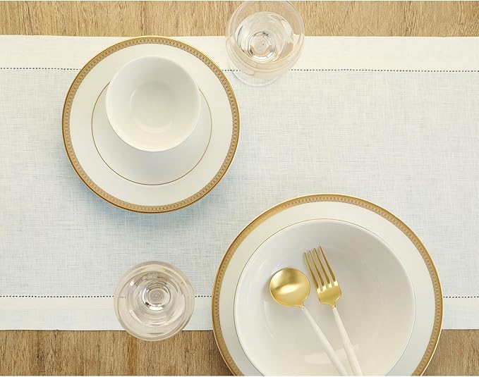 Solino Home Linen Ivory Table Runner 60 Inches - Classic Hemstitch, 100% Pure Linen Coffee Table Runner 14 x 60 Inch Ideal for Dresser Tables - Fall, Autumn, Halloween, Thanksgiving