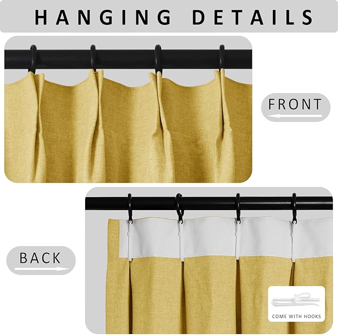 Macochico Pinch Pleated Blackout Curtains 102 Inches Long 100% Blackout Natural Linen Drapes for Bedroom Living Room Windows Farmhouse Burlap Curtains with Tieback 52”Wx102”L Yellow 1 Panel