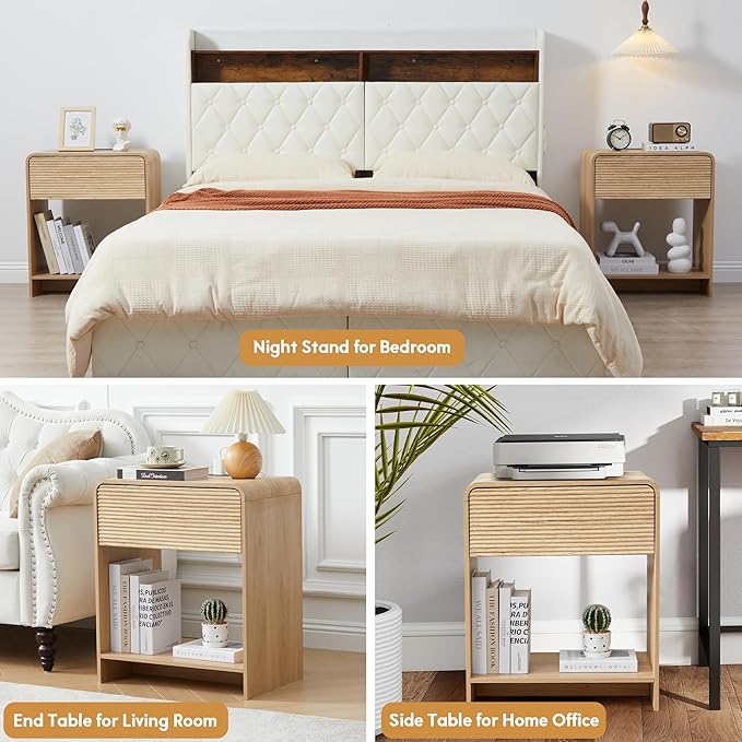 Fluted Nightstand Set of 2 with Charging Station, Modern Bed Side Table End Table with Drawer Storage, Large Wooden Night Stands Bedside for Bedroom Living Room Sofa Office, Natural 2 Sets