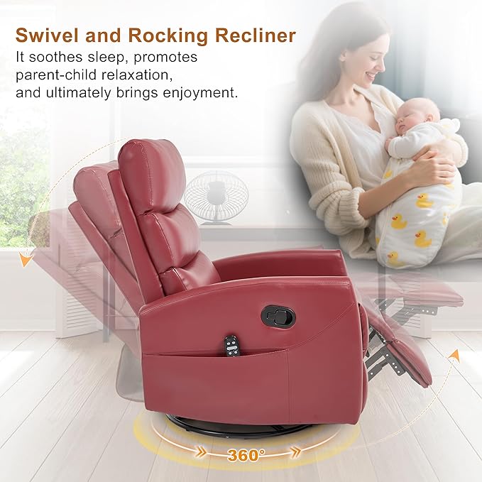 Manual Swivel Rocker Recliner Chair for Adults, Overstuffed Reclining Glider Chair for Nursing with Vibration Massage & Heat, Living Room Rocking Recliner 3-Stage backrest, Faux Leather Red