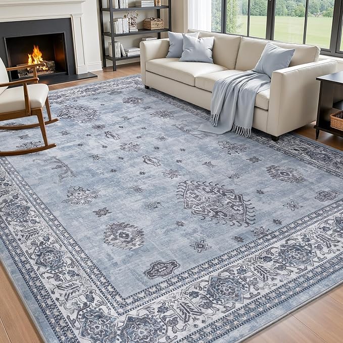 AMOAMI-Vintage Area Rug 8X10 Blue Rugs for Living Room-Soft Living Room Rug Non Slip Rugs for Bedroom Carpet Machine Washable Rug for Dining Room Bedside Office Room Decor