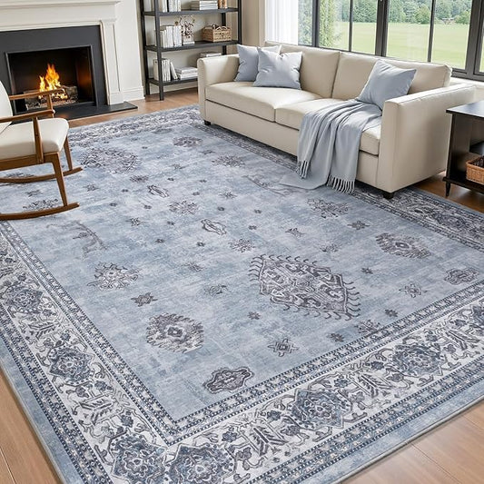 AMOAMI-Vintage Area Rug 8X10 Blue Rugs for Living Room-Soft Living Room Rug Non Slip Rugs for Bedroom Carpet Machine Washable Rug for Dining Room Bedside Office Room Decor