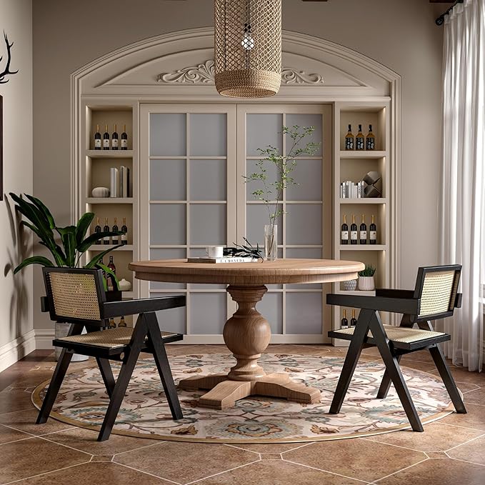 Rattan Dining Chairs Set of 2, Farmhouse Wicker Dining Chairs with Cane Seat Accent Armchair for Dining Room Kitchen Restaurant, Walnut