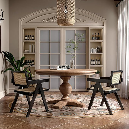 Rattan Dining Chairs Set of 2, Farmhouse Wicker Dining Chairs with Cane Seat Accent Armchair for Dining Room Kitchen Restaurant, Walnut