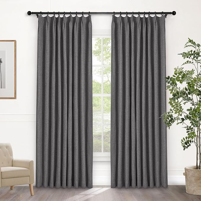 Macochico Natural Grey 100% Blackout Linen Curtains 96 Inches Long Pinch Pleated Curtains for Bedroom Living Room Nursery Farmhouse Insulated Sound Reducing Drapery with Tieback 84”Wx96”L 1 Panel