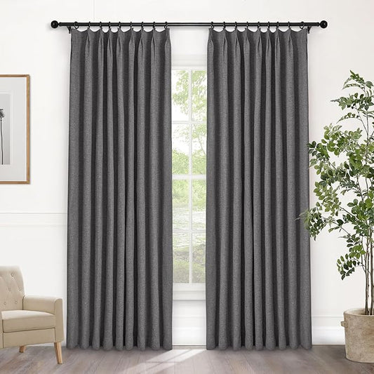 Macochico Pinch Pleated Blackout Curtains 102 Inches Long 100% Light Blocking Natural Grey Linen Drapes for Bedroom Living Room Farmhouse Shabby Chic Burlap Curtains with Tieback 72”Wx102”L 1 Panel