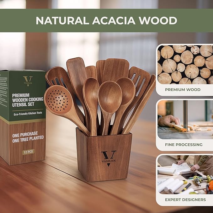 Vasilek Wooden Cooking Utensils Set – 12-Piece Acacia Wood Kitchen Utensil Set with Square Holder & Spoon Rest, Non Toxic Wooden Tools for Nonstick Cookware, Spatula, Ladle, Serving Spoon