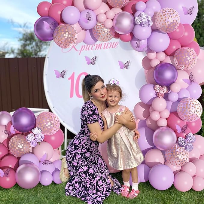 Amandir 175Pcs Pink and Purple Balloon Garland Arch Kit Butterfly Baby Shower Decorations for Girl, Lavender Purple Dusty Pink Balloon for Women Birthday Bridal Shower Wedding Party Supplies