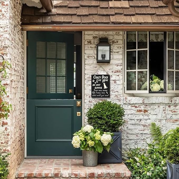 Do Not Knock or Ring Doorbell Sign for Front Door, Funny Dog Owner Warning Crazy Dogs Live Here Do Not Knock They Will Bark I Will Yell Wooden Signs, No Disturb Door Decor for Pet Lovers 10x8 Inch