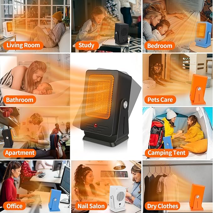 Portable Space Heaters for Indoor Use,Desktop Heater with 900W PTC 2s Fast Heating, 30° Adjustable Angle Design Small Electric Heater Lightweight for Personal, Office,Room,White