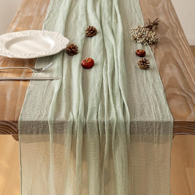 6pcs Cheesecloth Table Runner Sage Green Gauze 120 Inch 10 FT Rustic Boho Cheese Cloth Runner for Wedding Baby Shower Bridal Shower Party Long Sheer Centerpiece Home Decoration