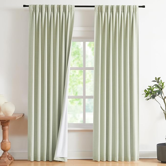 Vision Home Soft Green Pinch Pleated Full Blackout Curtains Linen Blended Room Darkening Curtain Panels 102 inch for Living Room Bedroom Thermal Insulated Pinch Pleat Drapes with Hooks 40" Wx102 Lx2