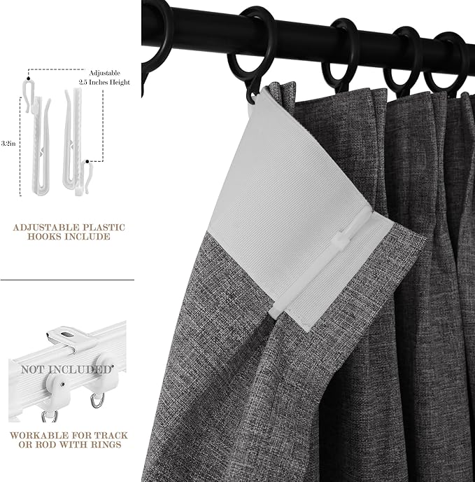 Natural Grey Pinch Pleat 100% Blackout Drapes Linen Blend, Room Divider, Room Darkening, Energy Saving, Furniture Protecting, Light Blocking Extra Wide Privacy Curtains, 200Wx102L, 1 PC