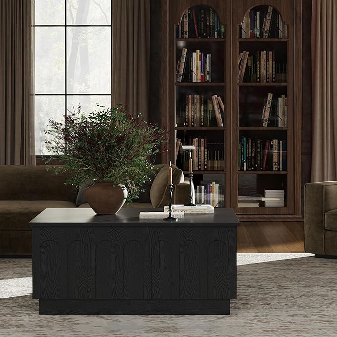 Lift Top Coffee Table with Storage, Modern Coffee Table with Arched Design, 31.5" Square Tea Table with Wood Grain, Minimalist Multifunctional Center Table for Living Room, Office, Black