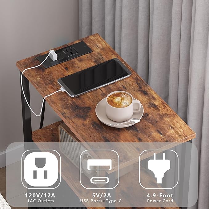 TUTOTAK Narrow Night Stand with Charging Station, Slim End Table with Plugins, Tall Side Table with 3 Fabric Drawer, Small Bedside Table with Storage, Living Room, Bedroom, Brown TB01BB086