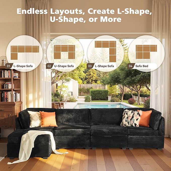 Modular Sectional Sofa, 130.7" L Shaped Couch Set for Living Room, 4-Seater Comfy Cloud Couches with Movable Ottoman, DIY Combination, Plush Corduroy, Black