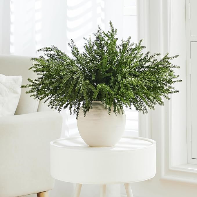 WeGuard 32 Pcs Real Touch Artificial Norfolk Pine Branches, 18 Inches Faux Cedar Pine Stem Fake Christmas Greenery Picks for Vase DIY Garland Wreath Christmas Decor Home Decor