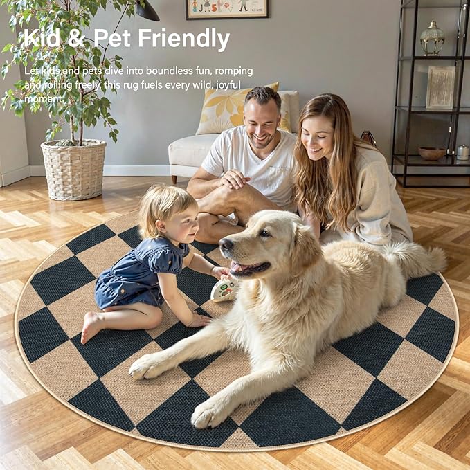 Lahome Checkered Round Rug 3ft, Circle Indoor Outdoor Entryway Patio Rug Washable Easy Jute Rug, Farmhouse Non Slip Small Round Rugs for Bedroom Porch Living Room Decor