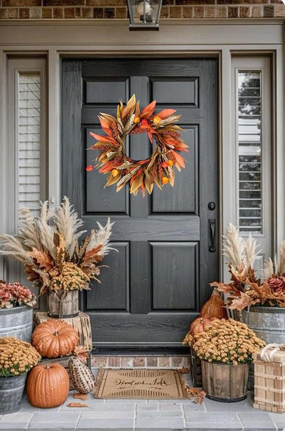 Fall Corn Husk & Berry Door Wreath for Front Door 24 Inch, Festive & Rustic Farmhouse Autumn Harvest Wreath, Fall Decor for Home Door Wall Porch Window, Orange/Yellow/Brown