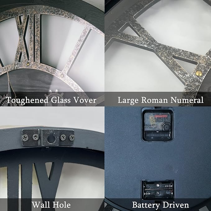 24 Inch Moving Gear Wall Clock, Oversized Wall Clocks, Clock Living Room Decor, Solid Wood Frame, Battery Operated, Large Wall Clock with Steampunk Industrial for Fireplace(Black)